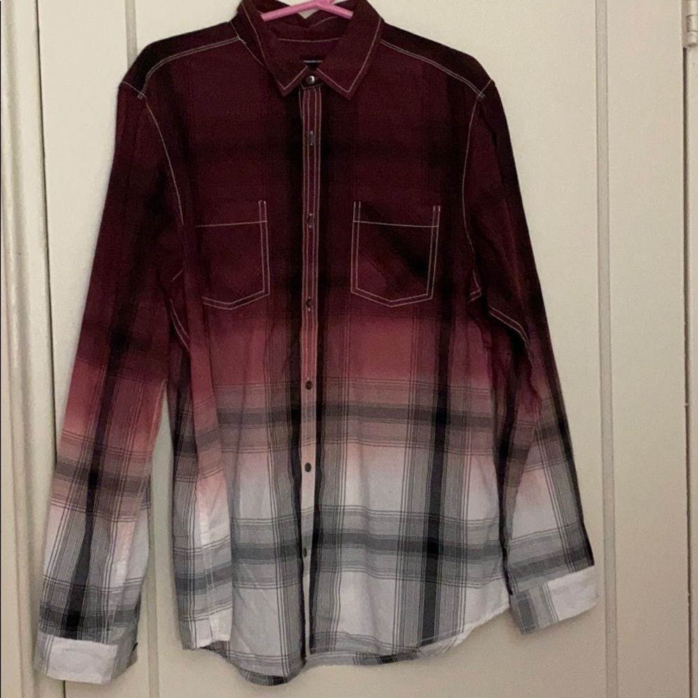 INC International Concepts Men's Ombre Burgundy to White Plaid Button-Down Shirt
